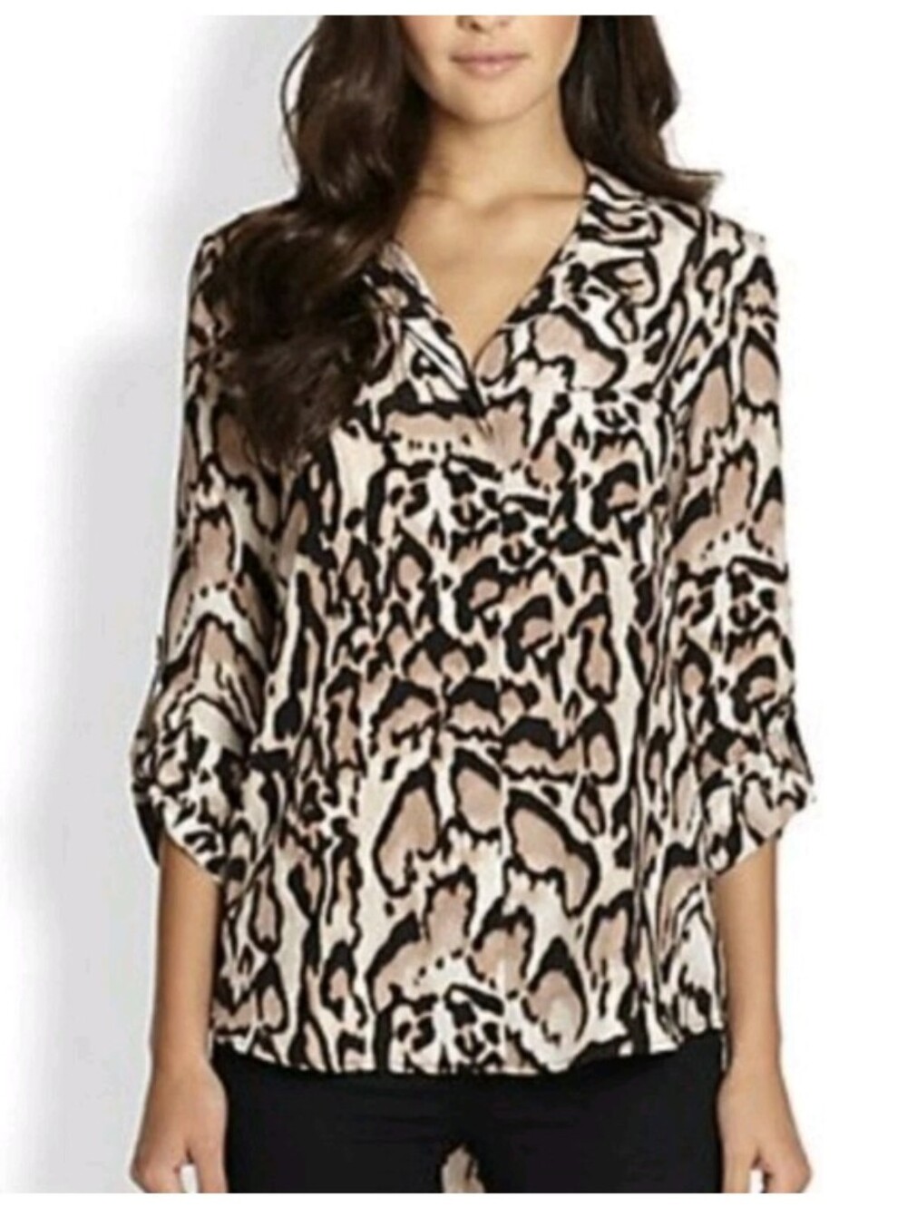Diane Von Furstenberg Tan and Black Animal Print Silk Button-Down Blouse
